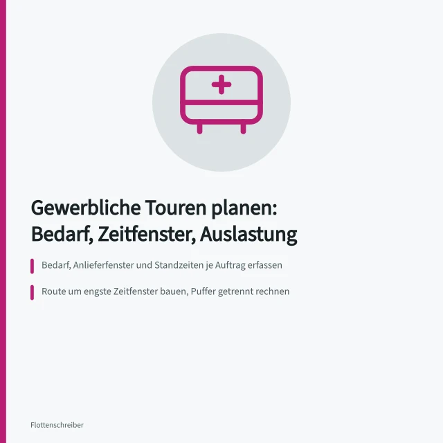 Tourenplanung mit Zeitfenstern, Lenkzeiten und Auslastung im Fuhrpark. Wie plane ich gewerbliche Touren mit Bedarf, Zeitfenstern und Auslastung?